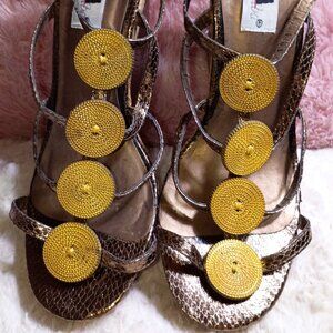 Women's High Wedge Metallic/Cork Sandals with Gold Disks Size 8